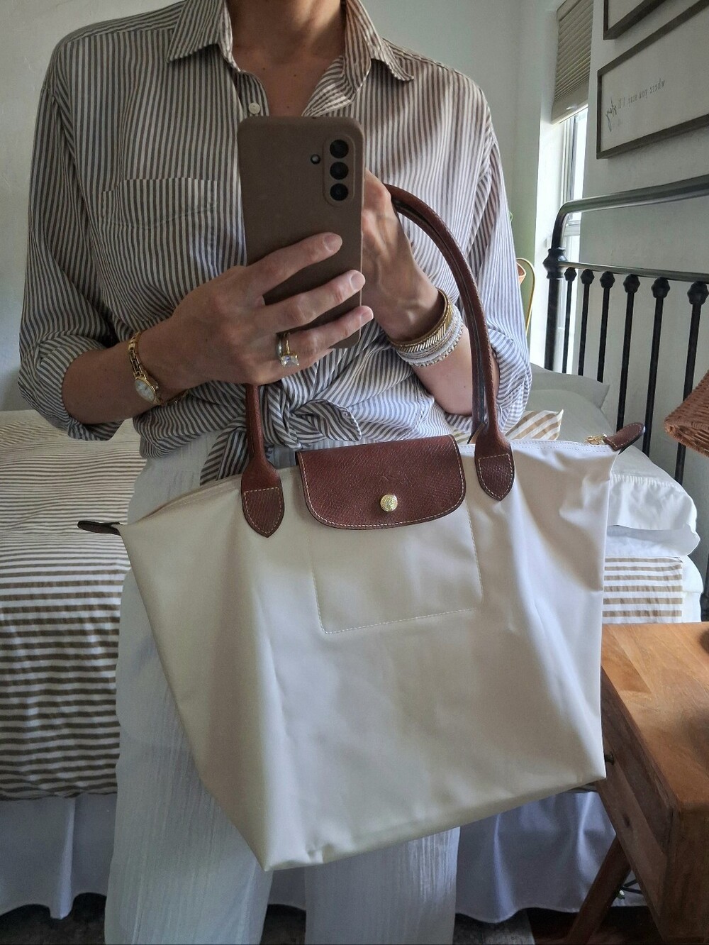 🌿 Beautiful Designer Inspired Cream Nylon Tote with Cognac Leather Trim New 🌿